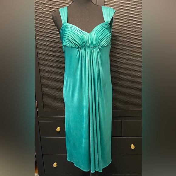 BCBGMAXAZRIA Large Teal Green Shimmery Empire Waist Cocktail Party Midi Dress - Picture 2 of 8